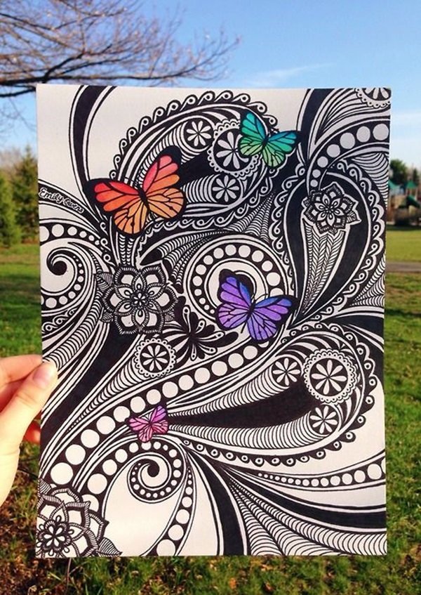 Zentangle Artwork from boredart.com showing colourful butterflies amongst mandalas, repetitive patterns and use of whitespace. Only the butterflies are in colour, while the rest of the patterns are in strong black and white contrast.