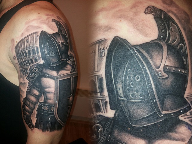 Tattoo uploaded by Pedro Palomino  Started on a half sleeve and did this gladiator  helmet  Tattoodo