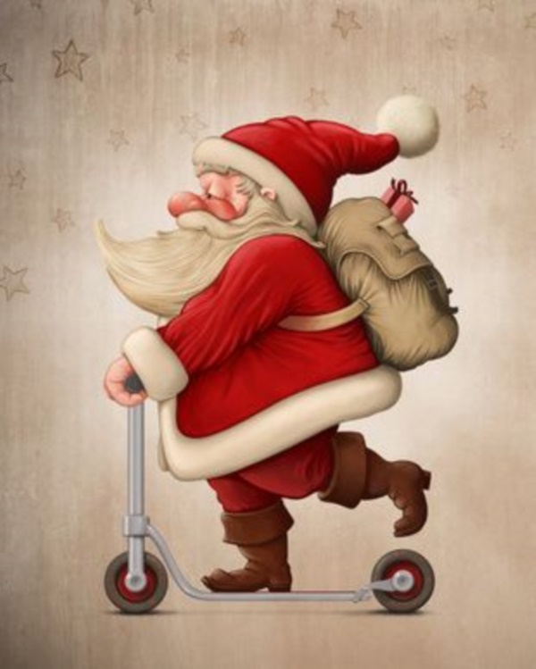 Santa Claus with the Push scooter delivery the gifts