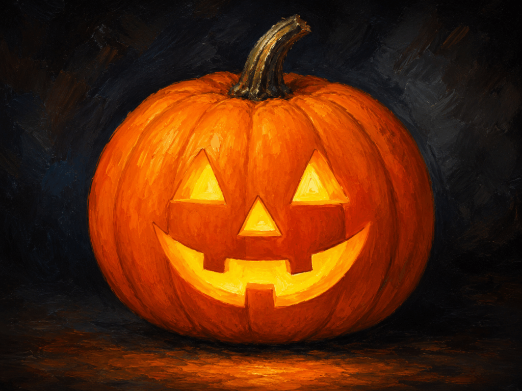 Orange pumpkin with a triangular eyes-and-mouth face on a black background
