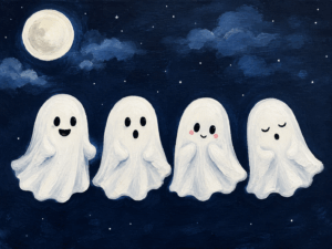 Four small ghosts in a row, each with a slightly different expression