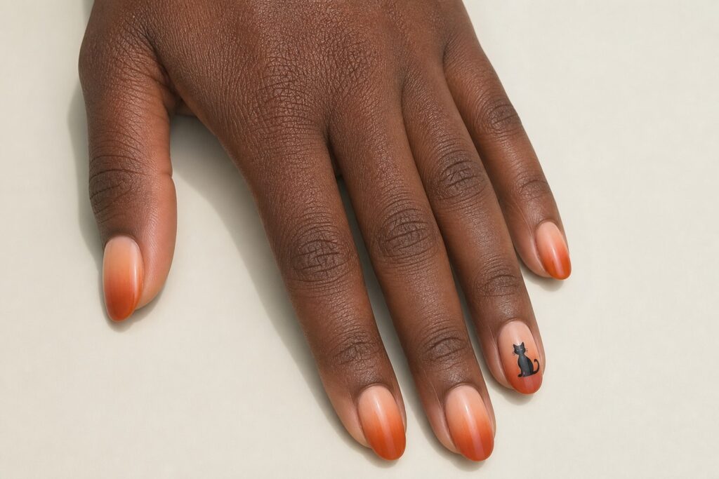 Rust-to-peach ombré nails with a small black cat silhouette on the ring finger